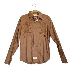 English Laundry Women's Lion Crest Long Sleeve Button Shirt in Brown - Sz M